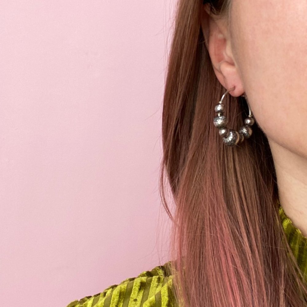Large bead hoop earrings 925 sterling silver, basic chunky hoops, boho jewelry - Picture 2 of 8